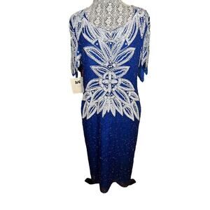 Sweelo Vintage Womens Beaded and Sequined Silk Dress Blue White Sie XL